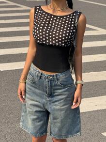 SHEIN EZwear 女士波点印花裹身系带圆领修身上衣 - 黑色 - 查看 3