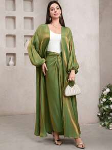 Veilorie 2 件套：金属线花卉印花透明和服，配金属丝带饰边，内配金属腰带和 A 字形吊带裙，朦胧蓝色 - 綠色 - 查看 5