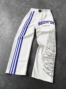 Aesthetic Post--Men's Street-Style Casual Look, Featuring A High-Street , Color-Block Of Blue Stripes And A "BOOM Countdown" Design On White Wide-Leg Sweatpants. Perfect For Music Festivals And Everyday Wear, And Also Makes A Great Gift For A Boyfriend Or Husband, Fitting Both Streetwear And Y2K Aesthetics. Men Joggers ,Baggy Pants ,Men's Blue Striped "BOOM" Countdown Loose Fit Pants , Men Workout Pants , Sport Pants For Men , Y2k Clothes Men - Multicolor - View 1