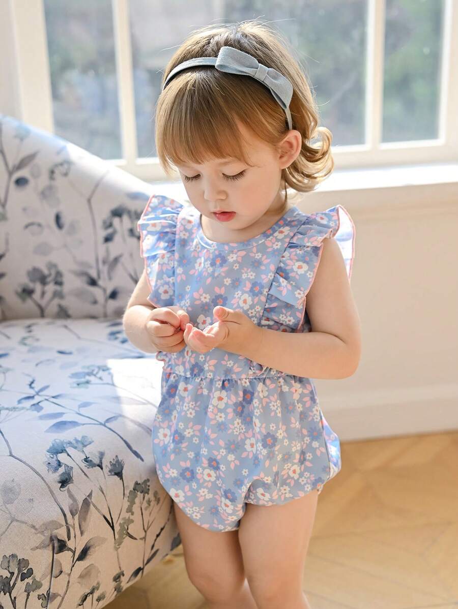 Souflis Souflis Baby Girl Sweet Fresh Ditsy Floral Print Lace Hem Bodysuit, Country Style Suitable For Summer