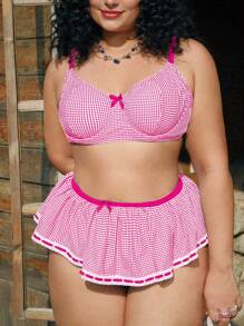 Swim Mod Plus Size Women 2 Pieces Swimwear Set, Sweet And Cute Beach Vacation Blue And White Plaid Padded Tankini Swimwear With Bowknot Decor And Ruffled Shorts - Pink - View 3