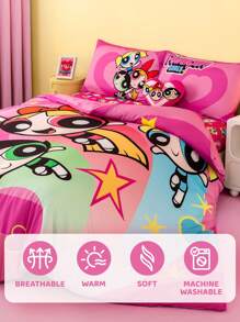 THE POWERPUFF GIRLS X SHEIN 3er Set süßer beidseitig bedruckter Bettwäsche-Set mit Herz-Cartoon-Motiv