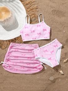 SHEIN 3pcs/Set Girls Cute Swimsuit Set, Butterfly Pattern Adjustable Strap Bikini Top And Skirt - Multicolor - View 1