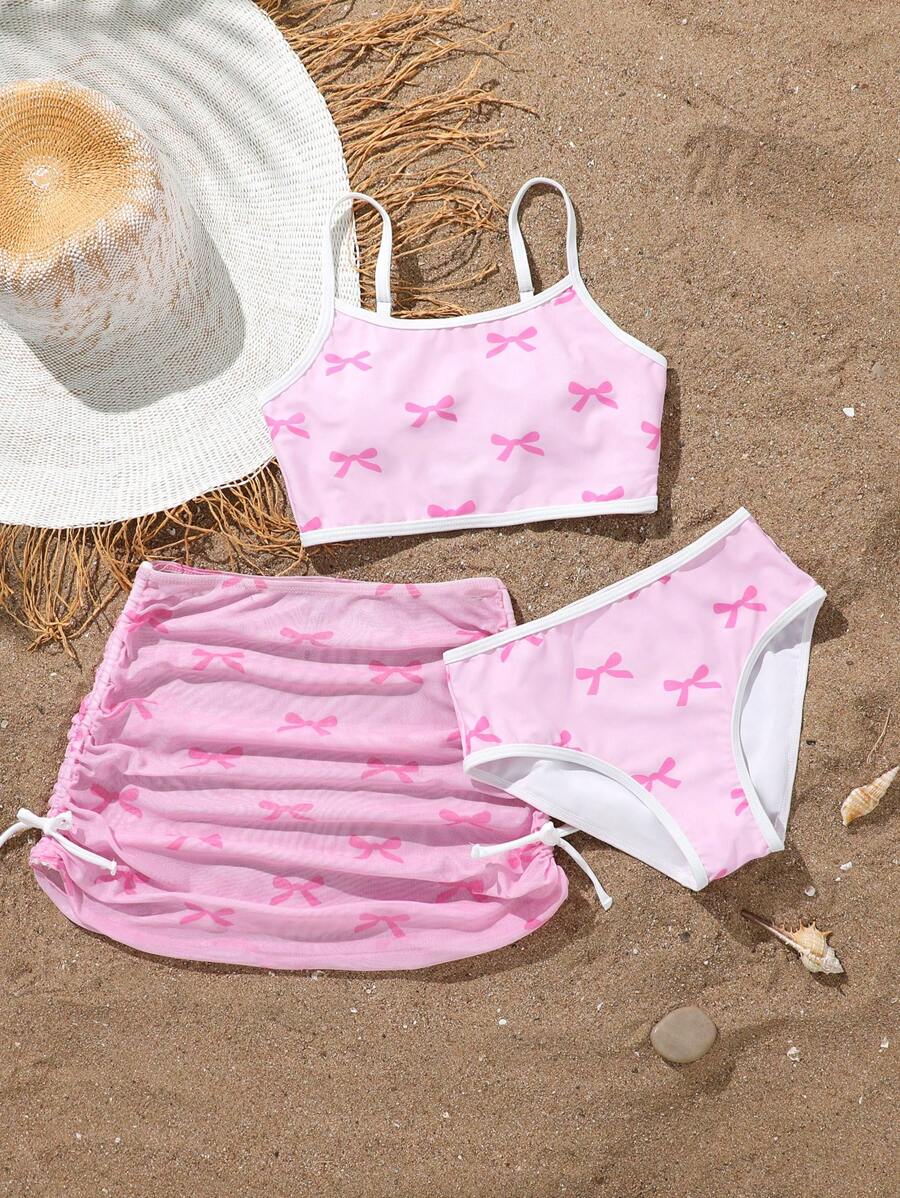 SHEIN 3pcs/Set Girls Cute Swimsuit Set, Butterfly Pattern Adjustable Strap Bikini Top And Skirt - Multicolor - View 1
