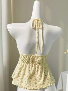 Elamini Yellow Ditsy Floral Hollow-Out V-Neck Cute & Sexy Backless Cropped Camisole, Spring/Summer