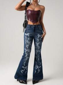 SHEIN ICON Y2k Women's Going Out Cotton Low Waist Butterfly Print Bell Bottom Jeans - Medium Wash - View 1