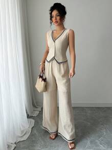 Chiquease Women's Single Breasted Vest And Pants Casual Linen-Feel 2 Pieces Set - Apricot - View 6