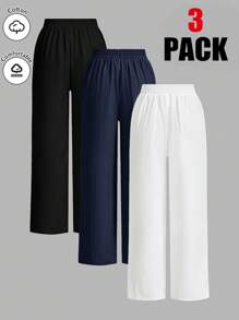 SHEIN Essnce Bộ 3 quần dài mùa hè cho nữ, quần ống rộng buộc eo màu trơn, quần thường ngày rộng rãi - Nhiều màu - Xem 2