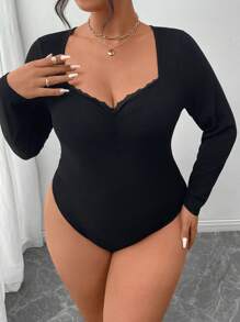 SHEIN Frenchy 女士加大码黑色方领秋季长袖女装紧身连衣裤优雅百搭休闲撞色蕾丝褶皱圆领修身连衣裤秋季 - 黑色 - 查看 5