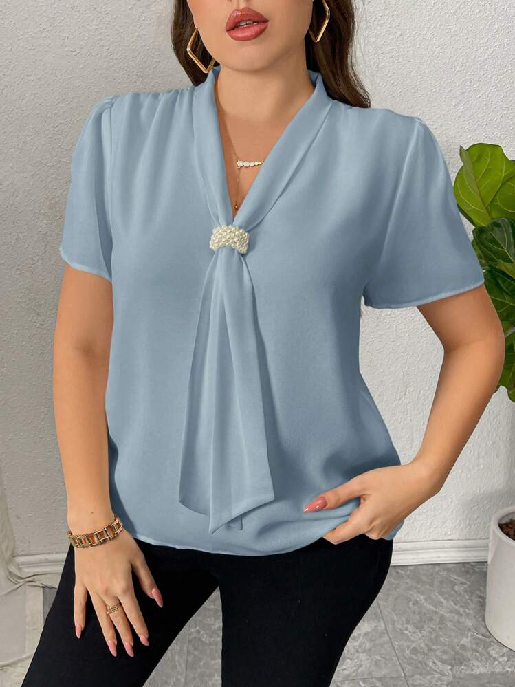 SHEIN Privé 女士加大码蝴蝶结领短袖优雅通勤衬衫 - 藍色 - 查看 4