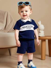 SHEIN Playful Pals 2 件套男婴休闲双色字母刺绣 Polo 衫和短裤，可爱舒适，适合春夏季、户外、拍照、派对、日常穿着 - 寶藍色 - 查看 3