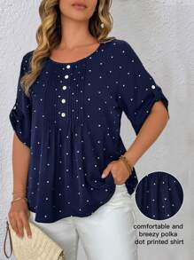 EMERY ROSE Plus Size Women's New Polka Dot Printed Round Neck, Toothpick Buttons Decor, Half Sleeve Adjustable Loose Elegant Casual Shirt - Multicolor - View 5