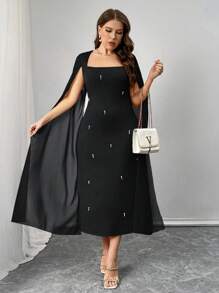 SHEIN Unity Plus Size Elegant Pearl Trim Poncho Sleeve Shift Dress For Work - Black - View 5