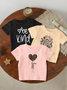 GraphicGems 3pcs/Set Tween Girls' Summer Leopard Print Heart Shaped Camera & Floral Patterned T-Shirts