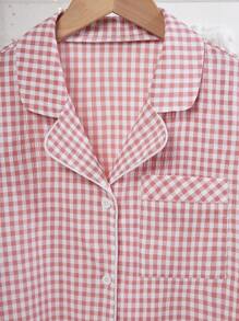 Set de 2 piezas con top de manga corta y shorts en estampado a cuadros de burbujas rosas, de estilo casual y elegante para mujer
