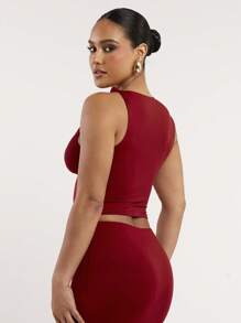 Silquee 性感女式高端纯色勃艮第红色无袖扭结设计休闲紧身春夏性感短款女士背心，基本款廓形，采用柔软有弹性的亲肤面料 - 酒紅色 - 查看 6