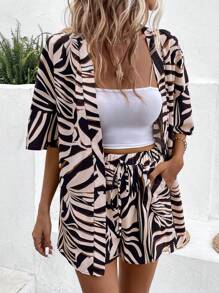 SHEIN LUNE 女士全印花衬衫和短裤两件套，度假休闲装