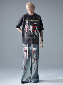 NEON BLANC Camiseta de manga corta con cuello redondo y estampado de letras, de corte holgado y color marrón, para hombre, de moda urbana