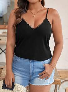 SHEIN Frenchy Áo ba lỗ ren màu trơn mùa hè cỡ lớn thanh lịch cho nữ có dây đeo mảnh, áo hở lưng - màu đen - Xem 5