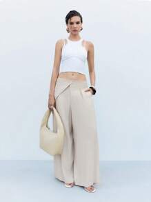 LYSMO 阔腿百褶裤，亚麻质感极简宽松飘逸裤，休闲春夏 - 杏色 - 查看 4