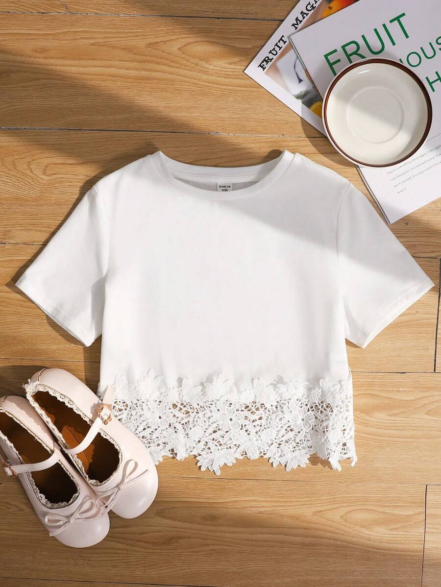 SHEIN Leap Crew Tween Girl Casual Comfortable Round Neck Short Sleeve Top - White - View 1