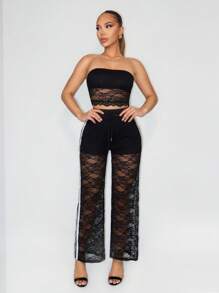 Sirith Women's Drawstring Waist Straight Leg Loose Elegant Lace Pants