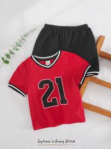 Cozy Pixies Set 2pcs Baju Bayi Laki-laki Rajut Lembut Motif Huruf Leher V Lengan Pendek & Celana Pendek Pinggang Elastis - MultiWarna - View 10