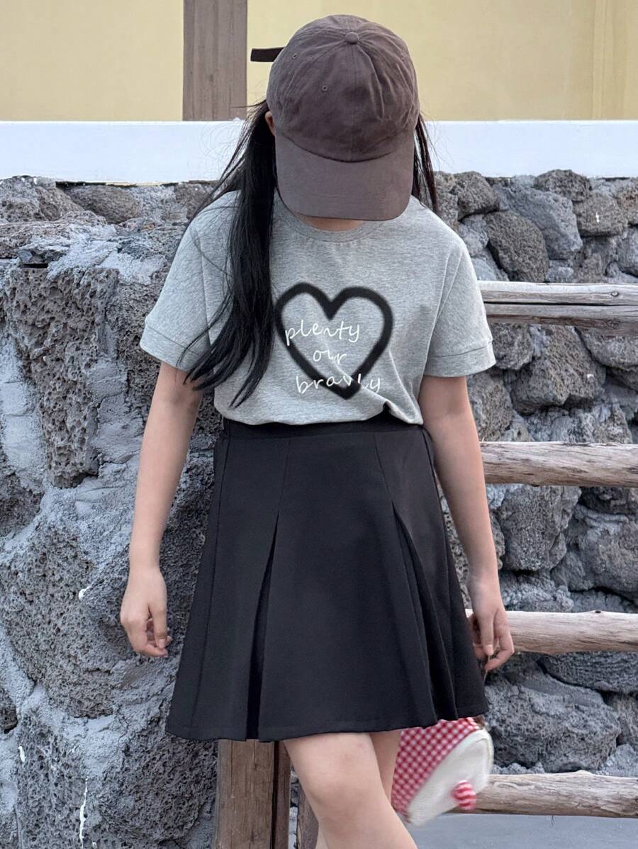 DAZY Girls Fashion Set: Short Sleeve Knit Top + Skirt, Summer - Grey - View 1