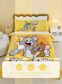 TOM & JERRY X SHEIN Juego de ropa de cama con estampado de dibujos animados y letras