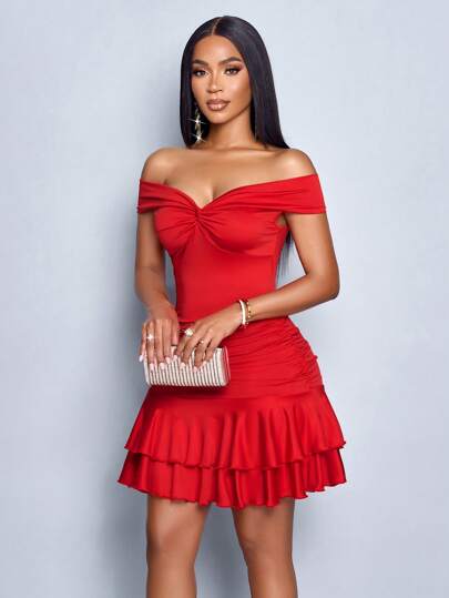 SOLERSUN فستان نسائي أنيق قصير بدون أكتاف، بربطة أمامية على الصدر، بدون أكمام، ذو طيات مزدوجة، مناسب للحفلات والعطلات والمناسبات