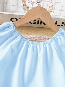 2pcs/Set Girls Ruffled Open Shoulder Blouse And Pearl Trim Denim Jeans, Suitable For Daily Wear, Summer - Blue - View 5