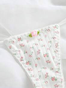 FloralLove 女士 3D 花卉装饰复古碎花丁字裤，白色内衣 - 白色 - 查看 3