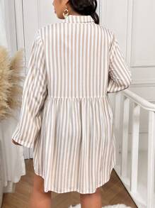 SHEIN Frenchy Vestido de manga larga de otoño para mujer talla grande, informal y para el hogar, versátil, cómodo, estilo camisa con botones abajo, vestido de manga larga con estampado de rayas - Albaricoque - Ver 4