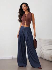 SHEIN Tall Women's Casual Loose Wide Leg Jeans Navy Blue,Summer,Casual,Everyday High Waisted Tall Pants For Woman Work Clothes - Dark Wash - View 5