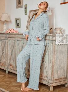 CottageSlumber 2pcs Ditsy Floral Ruffle Trim Collared Top & Pants Sleepwear Pajama Set Holiday Season, Bountiful Floral Splendor, Fall Winter Clothes Cozy And Elegant Details - Multicolor - View 4