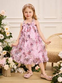 SHEIN Glamorique Kids Young Girl' Ruffled Floral Print Strap Layered Dress, Spring/Summer - Baby Pink - View 3