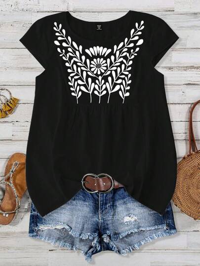 Linhara Blusa casual de vacaciones con cuello redondo, hombros caídos y bordado floral frontal para mujer talla grande