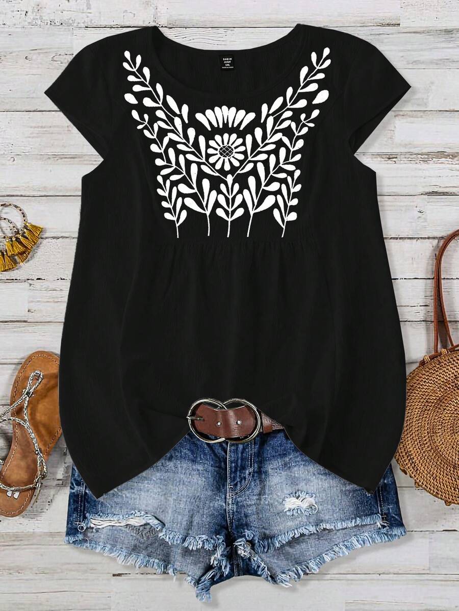 Linhara Áo cánh đi nghỉ thường ngày cổ tròn thêu hoa cỡ lớn cho nữ - màu đen - Xem 1