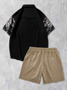 ROMWE MEN Goth 男士休闲圣玛丽和印花衬衫和短裤套装，夏季 - 彩色 - 查看 2