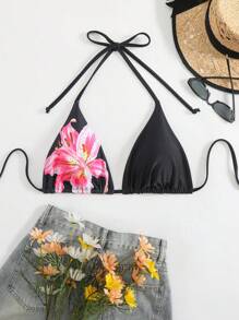 Swim DD+ Top de bikini con estampado floral grande, tirantes de espagueti y espalda descubierta para mujer DD, vestimenta casual y de resort para el verano - Negro - Ver 4