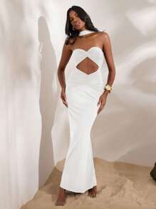 Opulessa 1pc Women Solid Color Knitted Form-Fitting Backless Sleeveless Dress - White - View 4
