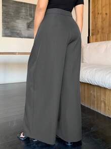 Dazy Plus 加大码宽松纯色阔腿双扣褶皱长款休闲裤，四季皆宜，女士正装裤，教师裤秋季