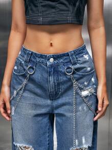 SHEIN ICON Jeans de pierna ancha con lavado casual, cintura baja, desgastados y con decoración de cadena - Azul lavado medio - Ver 7