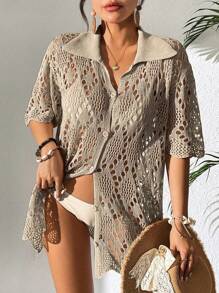 Swim Vcay Kimono femme d'été de couleur unie à manches courtes, à simple boutonnage, avec décolleté ajouré