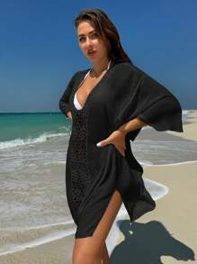 Swim Lushoire Vacation Beach Solid Color Hollow Out Crochet Patchwork Cover Up