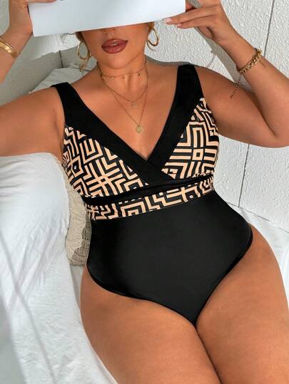Swim Lushoire Plus Size All-In-One Style Geometric Pattern Resort Vacation One-Piece Swimsuit For Summer
