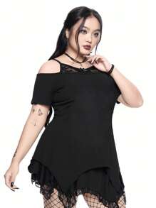 ROMWE Goth Große Größen Sommer Strandkonzert T-Shirt, Damen Rave T-Shirt Festival Streetwear Gotischer mysteriöser Katze Stern Totenkopf Muster asymmetrischer Saum Carmen-Bluse Off-Shoulder Spitzen Camisole Schwarz T-Shirt