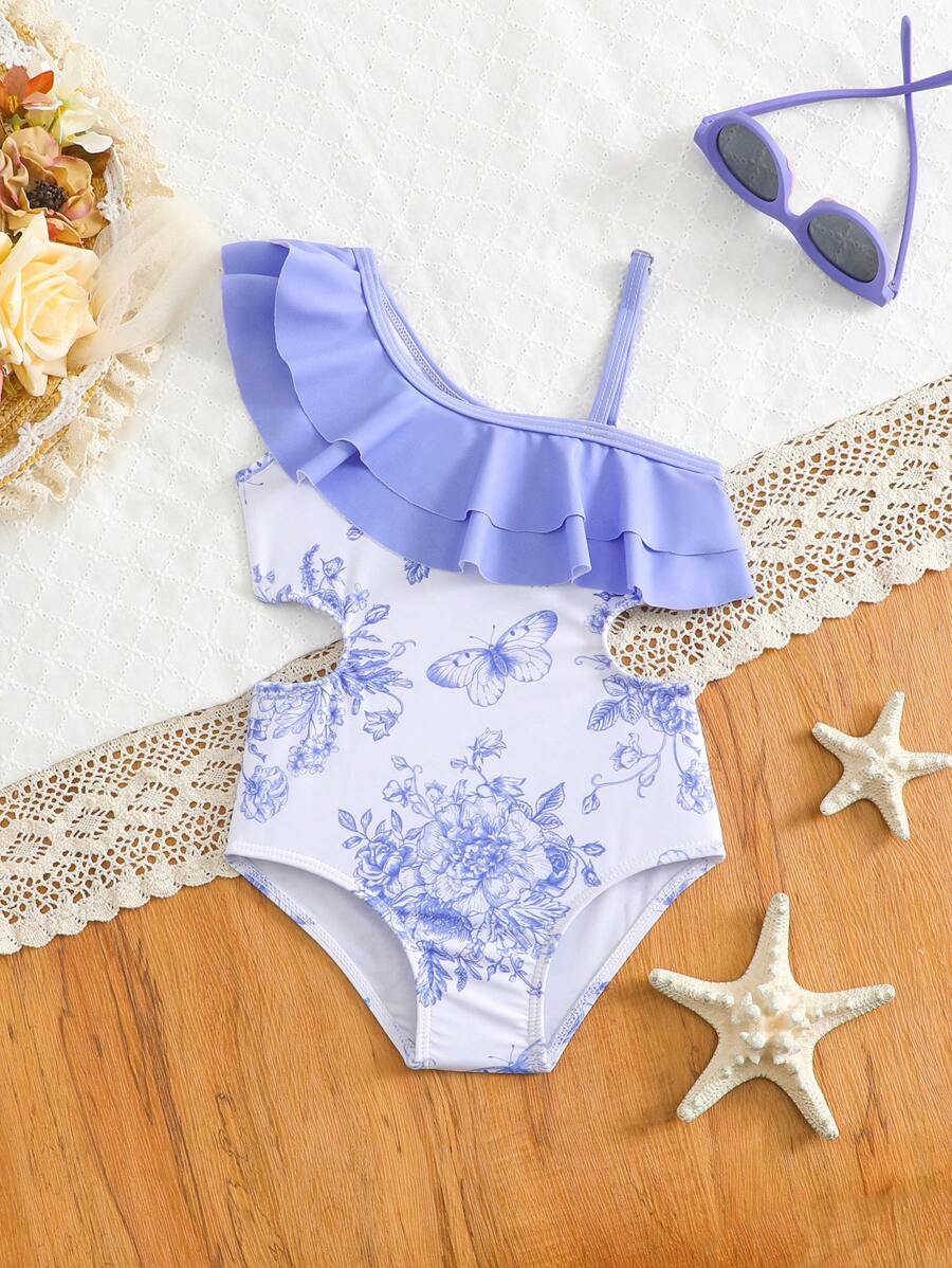 Baby Girl Ruffled Hem Asymmetric Neck Flowers Print One-Piece Swimsuit, One Piece Bathing Suit For Baby Girl - Blue - View 1