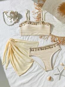 SHEIN Conjunto de bikini de 2 piezas para niña preadolescente con top con tirantes y Bottom triangular con falda