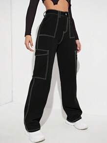 Flexra 女式简约前扣口袋牛仔长裤，休闲日常穿着 - 黑色 - 查看 5